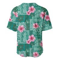 Cyan Hawaii Hibiscus With Tropical Flowers Motifs Baseball Jersey - Polynesian Pride