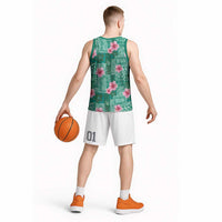 Cyan Hawaii Hibiscus With Tropical Flowers Motifs Basketball Jersey - Polynesian Pride