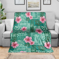 Cyan Hawaii Hibiscus With Tropical Flowers Motifs Blanket - Polynesian Pride