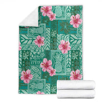 Cyan Hawaii Hibiscus With Tropical Flowers Motifs Blanket - Polynesian Pride