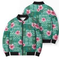 Cyan Hawaii Hibiscus With Tropical Flowers Motifs Bomber Puffer Jacket - Polynesian Pride