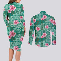 Cyan Hawaii Hibiscus With Tropical Flowers Motifs Couples Matching Long Sleeve Bodycon Dress and Long Sleeve Button Shirt - Polynesian Pride