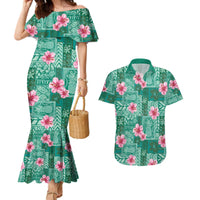 Cyan Hawaii Hibiscus With Tropical Flowers Motifs Couples Matching Mermaid Dress and Hawaiian Shirt - Polynesian Pride