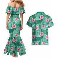 Cyan Hawaii Hibiscus With Tropical Flowers Motifs Couples Matching Mermaid Dress and Hawaiian Shirt - Polynesian Pride