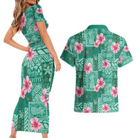 Cyan Hawaii Hibiscus With Tropical Flowers Motifs Couples Matching Short Sleeve Bodycon Dress and Hawaiian Shirt - Polynesian Pride