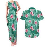 Cyan Hawaii Hibiscus With Tropical Flowers Motifs Couples Matching Tank Maxi Dress and Hawaiian Shirt - Polynesian Pride