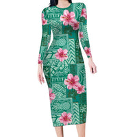 Cyan Hawaii Hibiscus With Tropical Flowers Motifs Family Matching Long Sleeve Bodycon Dress and Hawaiian Shirt - Polynesian Pride