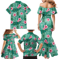 Cyan Hawaii Hibiscus With Tropical Flowers Motifs Family Matching Mermaid Dress and Hawaiian Shirt - Polynesian Pride