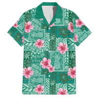 Cyan Hawaii Hibiscus With Tropical Flowers Motifs Family Matching Off The Shoulder Long Sleeve Dress and Hawaiian Shirt - Polynesian Pride