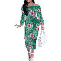 Cyan Hawaii Hibiscus With Tropical Flowers Motifs Family Matching Off The Shoulder Long Sleeve Dress and Hawaiian Shirt - Polynesian Pride