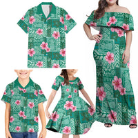 Cyan Hawaii Hibiscus With Tropical Flowers Motifs Family Matching Off Shoulder Maxi Dress and Hawaiian Shirt - Polynesian Pride