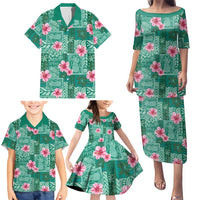 Cyan Hawaii Hibiscus With Tropical Flowers Motifs Family Matching Puletasi and Hawaiian Shirt - Polynesian Pride