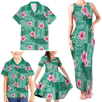 Cyan Hawaii Hibiscus With Tropical Flowers Motifs Family Matching Tank Maxi Dress and Hawaiian Shirt - Polynesian Pride