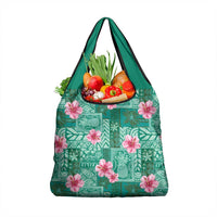 Cyan Hawaii Hibiscus With Tropical Flowers Motifs Grocery Bag - Polynesian Pride