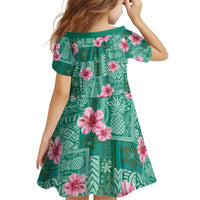 Cyan Hawaii Hibiscus With Tropical Flowers Motifs Kid Short Sleeve Dress - Polynesian Pride