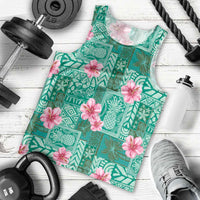 Cyan Hawaii Hibiscus With Tropical Flowers Motifs Men Tank Top - Polynesian Pride
