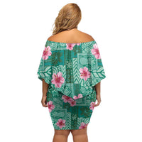 Cyan Hawaii Hibiscus With Tropical Flowers Motifs Off Shoulder Short Dress - Polynesian Pride