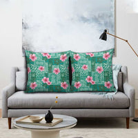 Cyan Hawaii Hibiscus With Tropical Flowers Motifs Pillow Cover - Polynesian Pride
