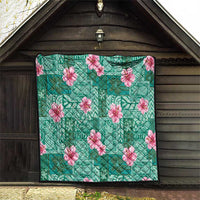 Cyan Hawaii Hibiscus With Tropical Flowers Motifs Quilt - Polynesian Pride