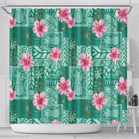 Cyan Hawaii Hibiscus With Tropical Flowers Motifs Shower Curtain - Polynesian Pride