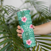 Cyan Hawaii Hibiscus With Tropical Flowers Motifs Skinny Tumbler - Polynesian Pride