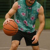 Cyan Hawaii Hibiscus With Tropical Flowers Motifs Sleeveless Hoodie - Polynesian Pride