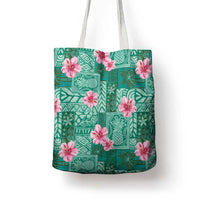 Cyan Hawaii Hibiscus With Tropical Flowers Motifs Tote Bag - Polynesian Pride