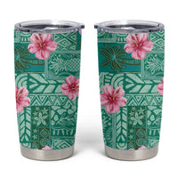 Cyan Hawaii Hibiscus With Tropical Flowers Motifs Tumbler Cup - Polynesian Pride