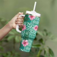 Cyan Hawaii Hibiscus With Tropical Flowers Motifs Tumbler With Handle - Polynesian Pride
