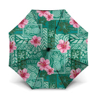 Cyan Hawaii Hibiscus With Tropical Flowers Motifs Umbrella LT14 One Size Folded 11.42 inch Opened Diameter 37.4 inch Cyan - Polynesian Pride