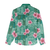 Cyan Hawaii Hibiscus With Tropical Flowers Motifs Women Casual Shirt - Polynesian Pride