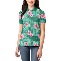 Cyan Hawaii Hibiscus With Tropical Flowers Motifs Women Polo Shirt - Polynesian Pride