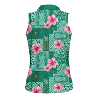 Cyan Hawaii Hibiscus With Tropical Flowers Motifs Women Sleeveless Polo Shirt - Polynesian Pride