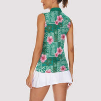 Cyan Hawaii Hibiscus With Tropical Flowers Motifs Women Sleeveless Polo Shirt - Polynesian Pride