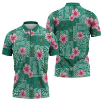Cyan Hawaii Hibiscus With Tropical Flowers Motifs Zipper Polo Shirt - Polynesian Pride