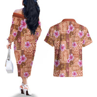 Orange Hawaii Hibiscus With Tropical Flowers Motifs Couples Matching Off The Shoulder Long Sleeve Dress and Hawaiian Shirt - Polynesian Pride