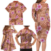 Orange Hawaii Hibiscus With Tropical Flowers Motifs Family Matching Long Sleeve Bodycon Dress and Hawaiian Shirt - Polynesian Pride