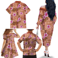 Orange Hawaii Hibiscus With Tropical Flowers Motifs Family Matching Off The Shoulder Long Sleeve Dress and Hawaiian Shirt - Polynesian Pride