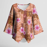 Orange Hawaii Hibiscus With Tropical Flowers Motifs Kimono Sleeve Blouse - Polynesian Pride