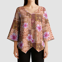 Orange Hawaii Hibiscus With Tropical Flowers Motifs Kimono Sleeve Blouse - Polynesian Pride