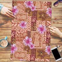 Orange Hawaii Hibiscus With Tropical Flowers Motifs Puzzle - Polynesian Pride