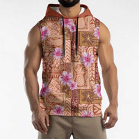 Orange Hawaii Hibiscus With Tropical Flowers Motifs Sleeveless Hoodie - Polynesian Pride