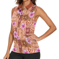 Orange Hawaii Hibiscus With Tropical Flowers Motifs Women Sleeveless Polo Shirt - Polynesian Pride