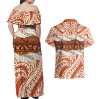 Aloha Hawaii Mikioi Lei Couples Matching Off Shoulder Maxi Dress and Hawaiian Shirt Beige Tropical Flower Pattern - Polynesian Pride