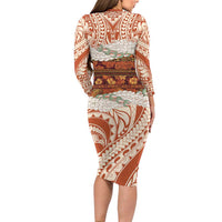 Aloha Hawaii Mikioi Lei Family Matching Long Sleeve Bodycon Dress and Hawaiian Shirt Beige Tropical Flower Pattern - Polynesian Pride