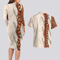 Aloha Hawaii Mikioi Lei Couples Matching Long Sleeve Bodycon Dress and Hawaiian Shirt Cattail Red Tropical Flower Pattern - Polynesian Pride