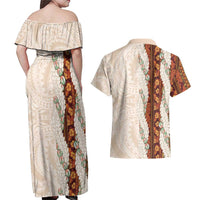 Aloha Hawaii Mikioi Lei Couples Matching Off Shoulder Maxi Dress and Hawaiian Shirt Cattail Red Tropical Flower Pattern - Polynesian Pride