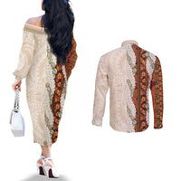 Aloha Hawaii Mikioi Lei Couples Matching Off The Shoulder Long Sleeve Dress and Long Sleeve Button Shirt Cattail Red Tropical Flower Pattern - Polynesian Pride