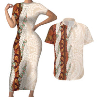 Aloha Hawaii Mikioi Lei Couples Matching Short Sleeve Bodycon Dress and Hawaiian Shirt Cattail Red Tropical Flower Pattern - Polynesian Pride