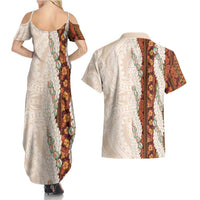 Aloha Hawaii Mikioi Lei Couples Matching Summer Maxi Dress and Hawaiian Shirt Cattail Red Tropical Flower Pattern - Polynesian Pride